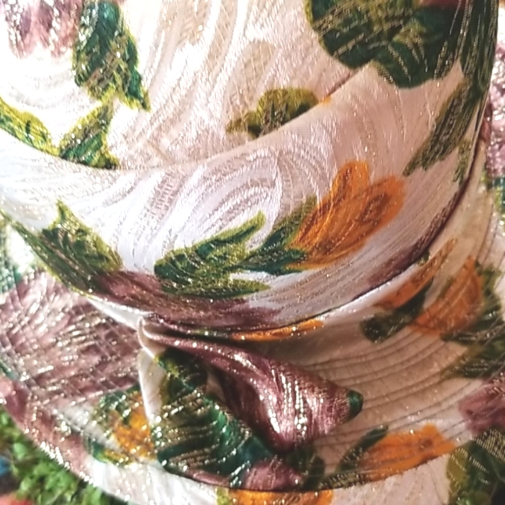 60's Vtg Union Made Cream Floral Shabby Lurex Quirky Spring Garden Church Hat - Picture 8 of 16